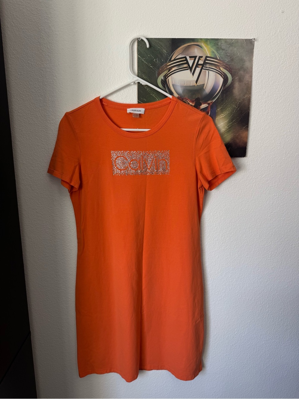Y2K Calvin Klein Orange Short Sleeve Logo Tee Dress with Rhinestone Detail